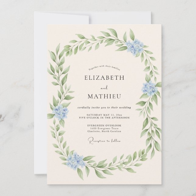 Convite Casamento com Folhas Azul Gelo (Frente)