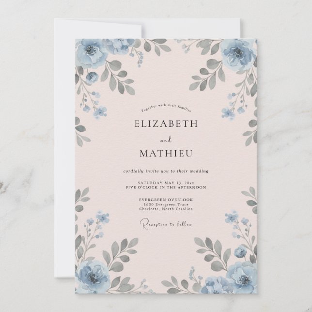 Convite Casamento com Folhas Azure Blush (Frente)