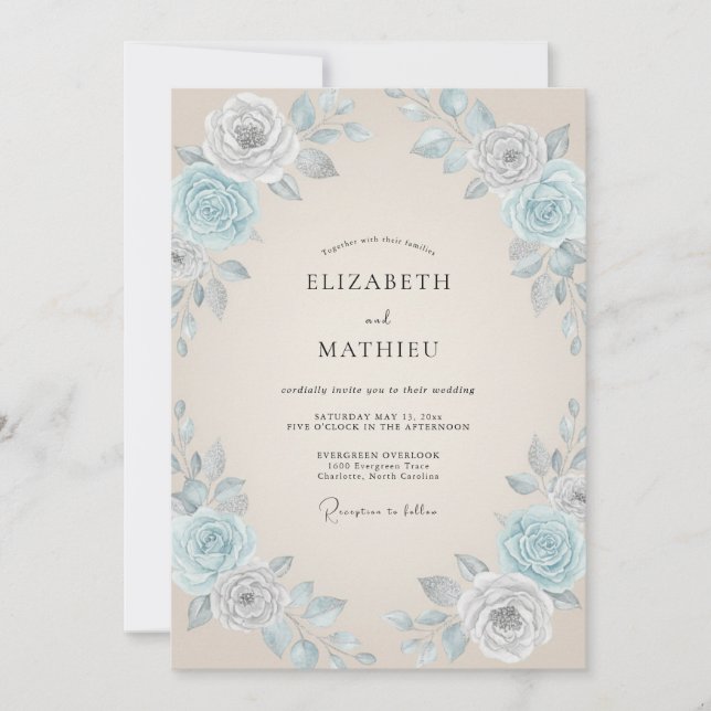 Convite Casamento com Folhas Azure e Champanhe (Frente)