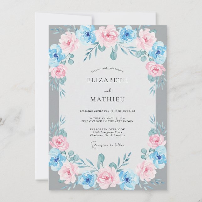 Convite Casamento com Folhas Azure Soft Blush (Frente)