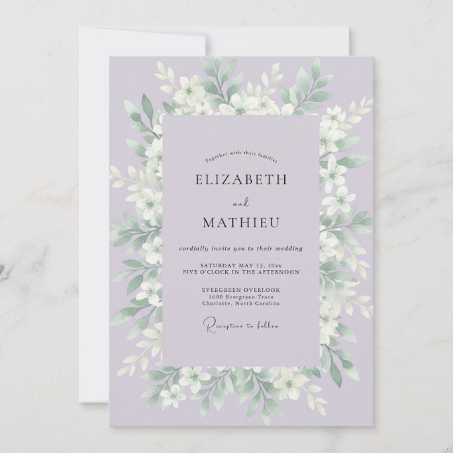 Convite Casamento com Folhas Brancas e Lilás (Frente)