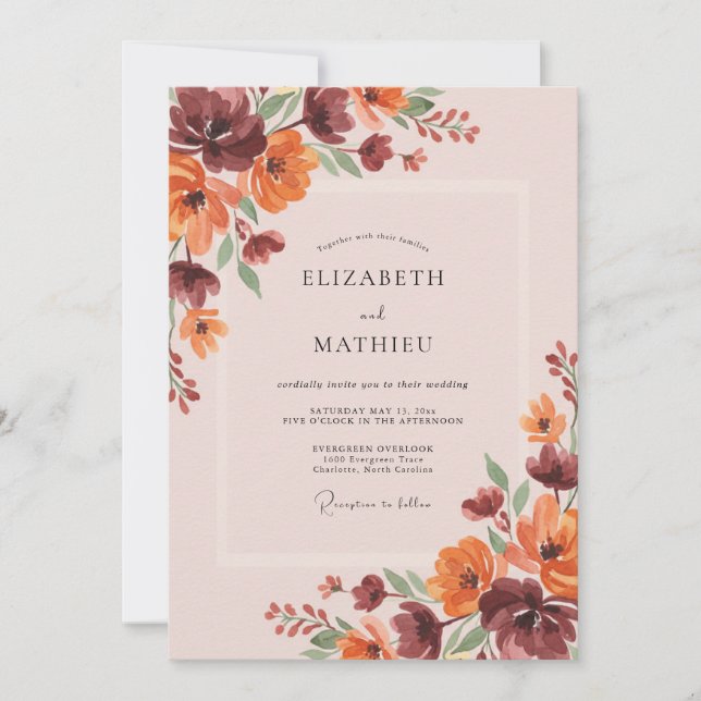 Convite Casamento com Folhas Burgundy Enferrujadas (Frente)