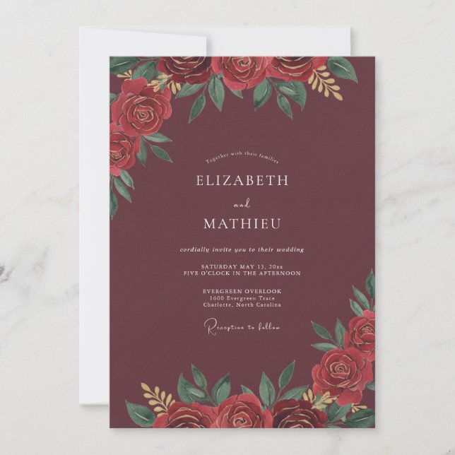 Convite Casamento com Folhas Carmesim Escuras (Frente)