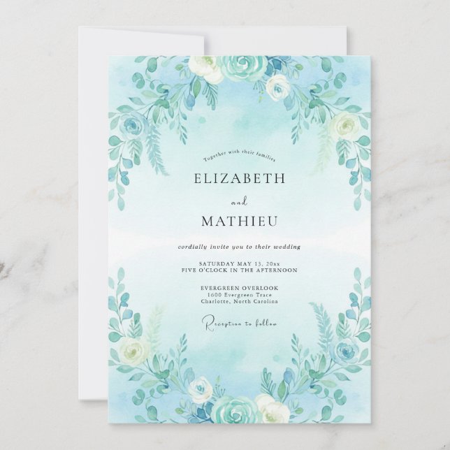 Convite Casamento com Folhas Cerúleas ao Luar (Frente)