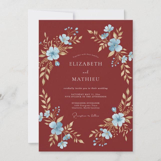Convite Casamento com Folhas Cerúleo e Ferrugem (Frente)
