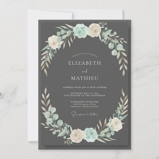 Convite Casamento com Folhas Charcoal Aqua (Frente)