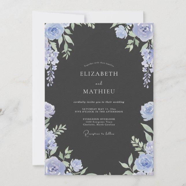 Convite Casamento com Folhas Charcoal Periwinkle (Frente)