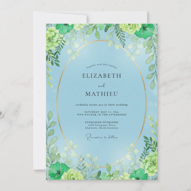 Convite Casamento com Folhas Chartreuse Azure (Frente)
