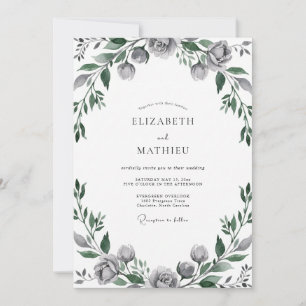 Convite Casamento com Folhas Cinza Aço
