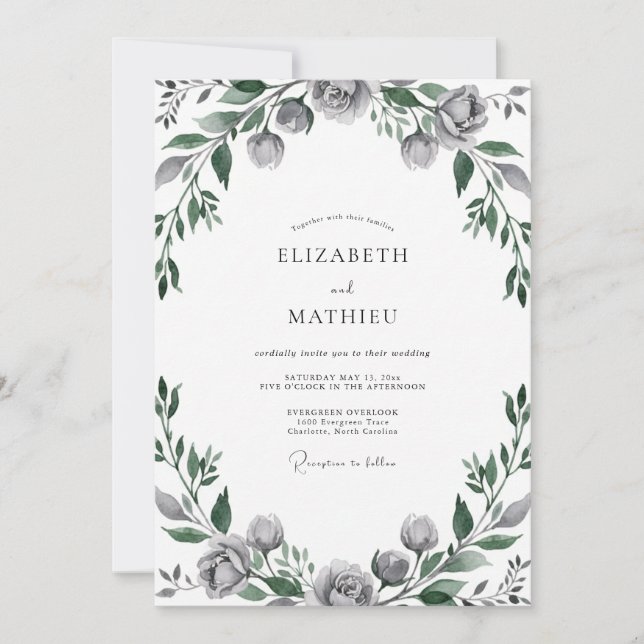 Convite Casamento com Folhas Cinza Aço (Frente)