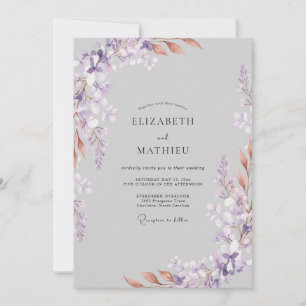 Convite Casamento com Folhas Cinza Lilás Suave
