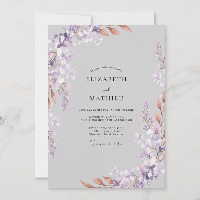 Convite Casamento com Folhas Cinza Lilás Suave (Frente)