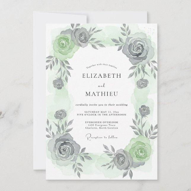 Convite Casamento com Folhas Cinza Prateado (Frente)