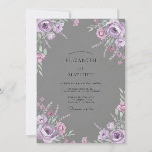 Convite Casamento com Folhas Cinzas Lilás