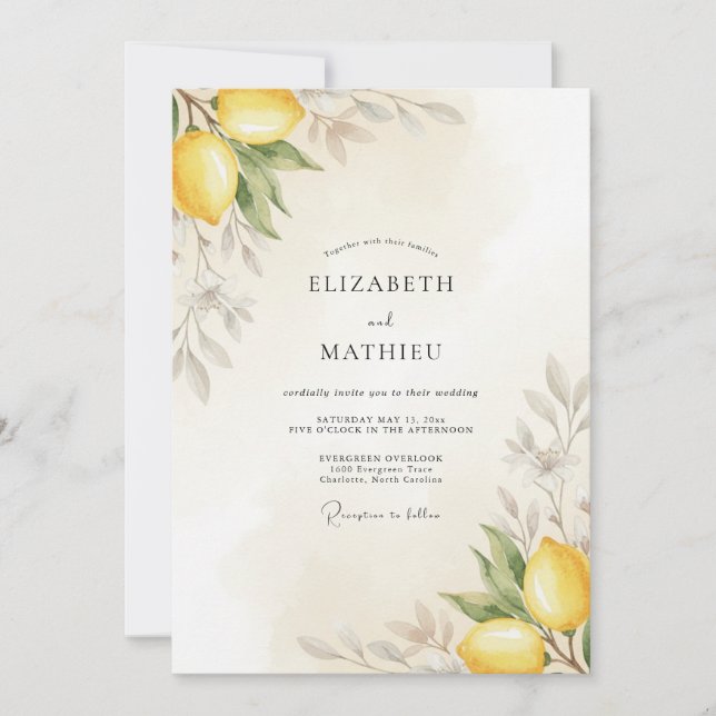 Convite Casamento com Folhas Cítricas Amarelas (Frente)