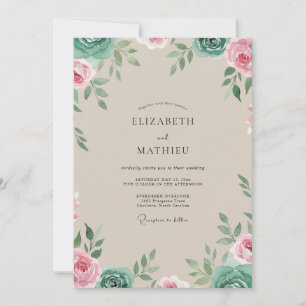 Convite Casamento com Folhas Cor-de-Rosa e Champanhe
