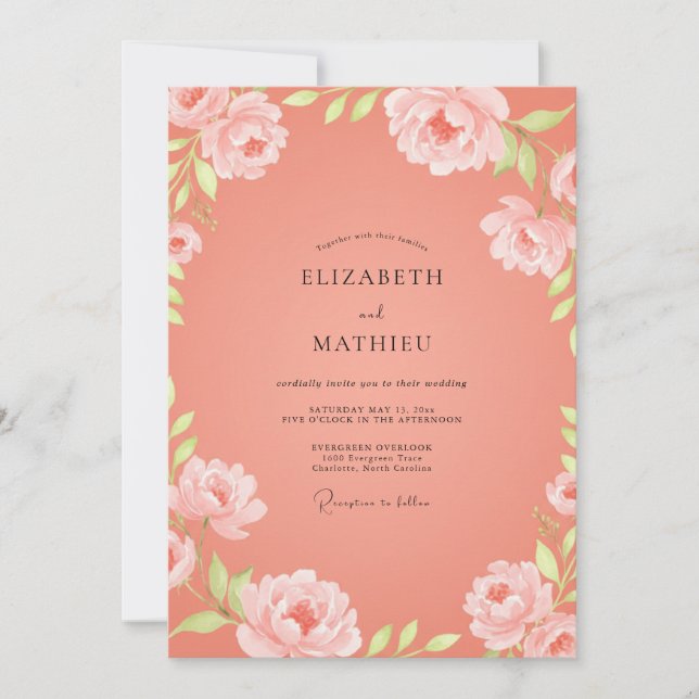 Convite Casamento com Folhas Coral Blush (Frente)