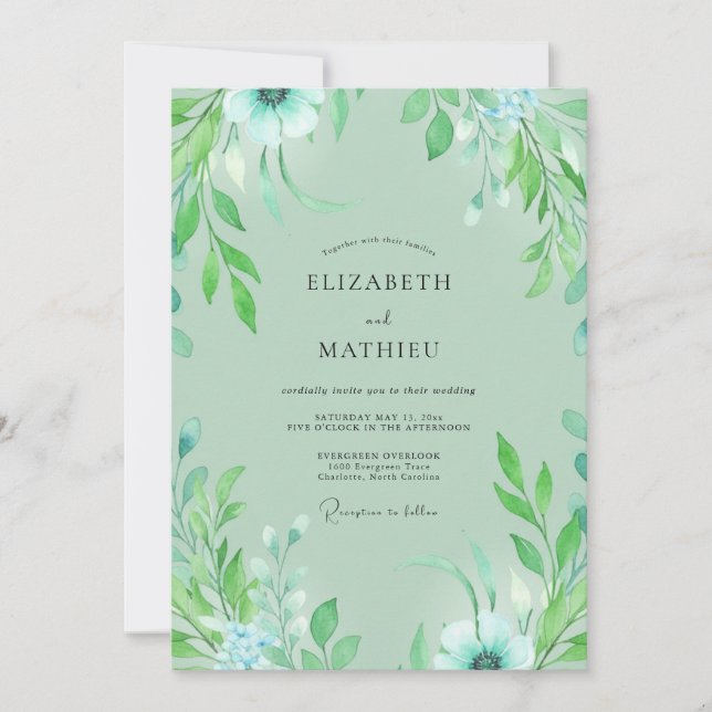 Convite Casamento com Folhas de Água e Hortelã (Frente)