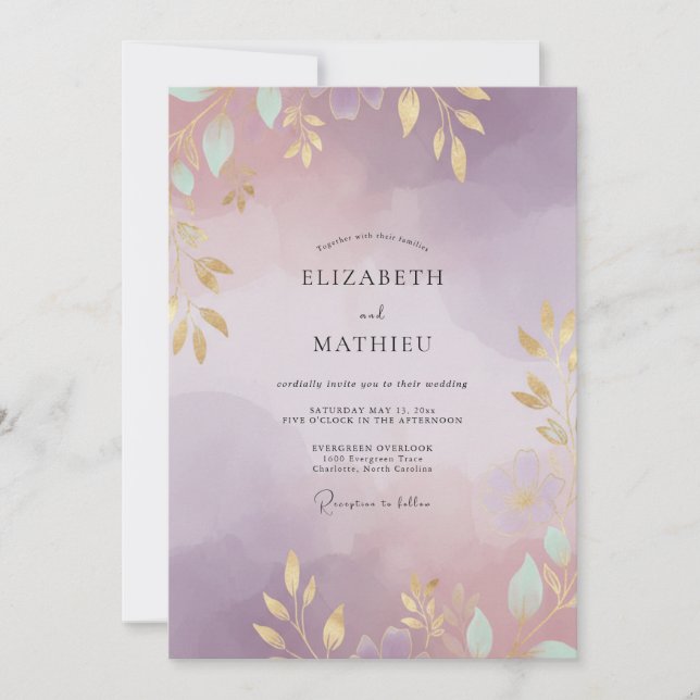 Convite Casamento com Folhas de Ámbar e Pêssego (Frente)