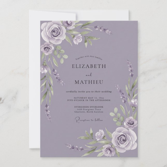 Convite Casamento com Folhas de Âmbar Roxo Desbotado (Frente)