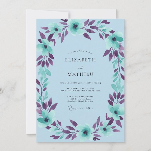 Convite Casamento com Folhas de Ameixa Azul (Frente)