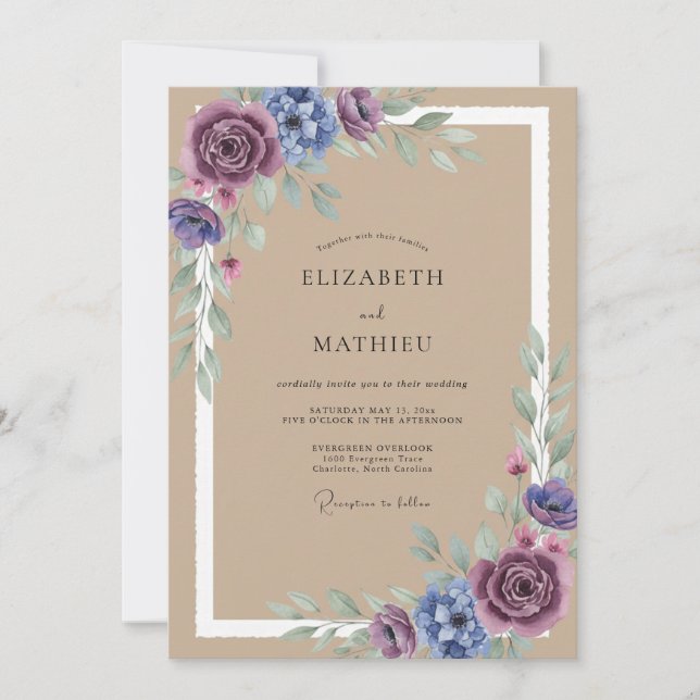 Convite Casamento com Folhas de Ameixa Bege (Frente)