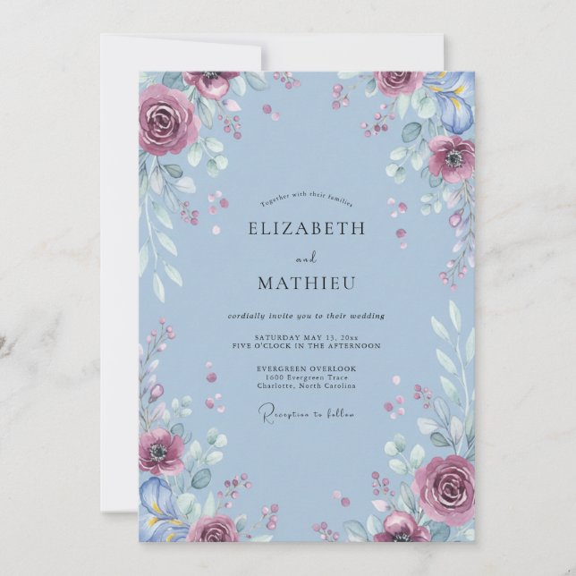 Convite Casamento com Folhas de Ameixa e Periwinkle (Frente)