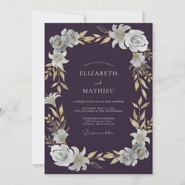 Convite Casamento com Folhas de Ameixa Profunda (Frente)