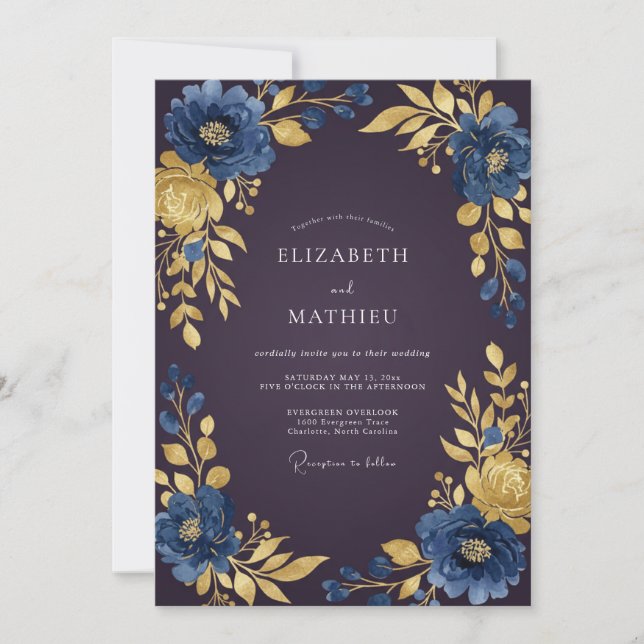 Convite Casamento com Folhas de Ameixa Safira (Frente)