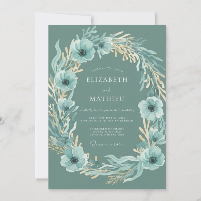 Convite Casamento com Folhas de Anêmona Azul (Frente)