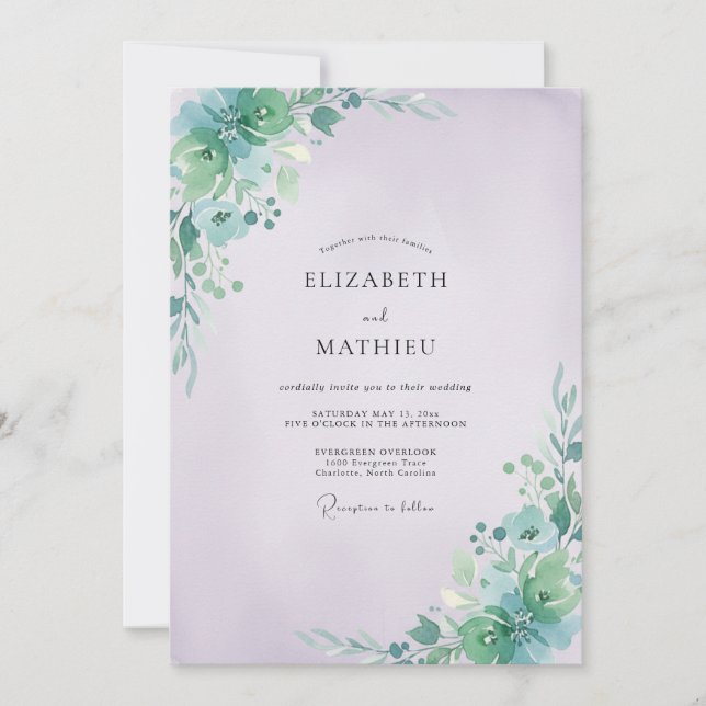 Convite Casamento com Folhas de Aquamarinha e Periwinkle (Frente)