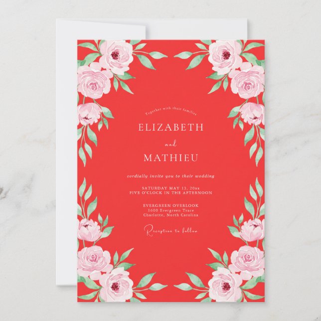 Convite Casamento com Folhas de Aquarela Carmesim (Frente)