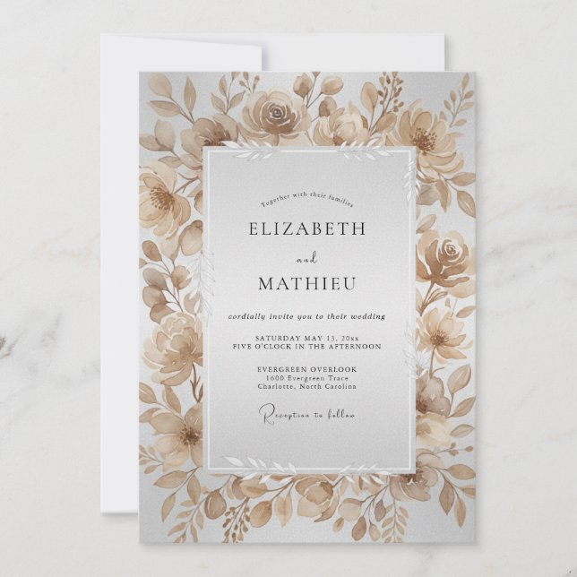 Convite Casamento com Folhas de Aquarela em Champanhe (Frente)