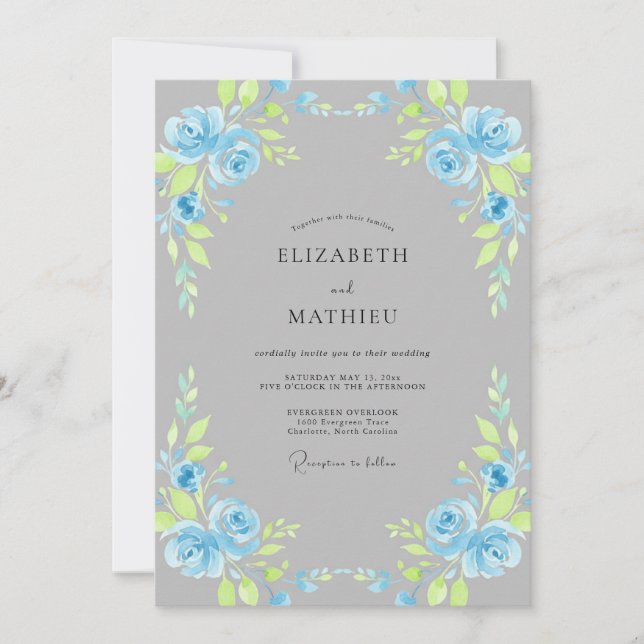Convite Casamento com Folhas de Ardósia Azul (Frente)