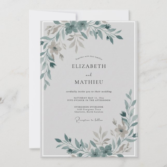 Convite Casamento com Folhas de Ardósia Suave (Frente)
