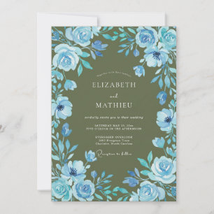 Convite Casamento com Folhas de Azul Oliva