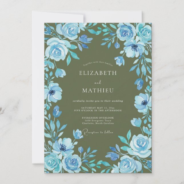 Convite Casamento com Folhas de Azul Oliva (Frente)