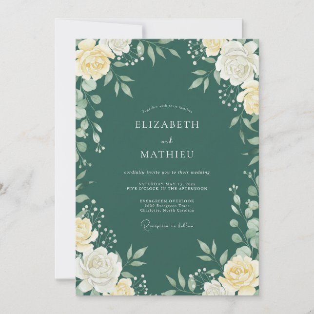 Convite Casamento com Folhas de Azul Teal Profundo (Frente)