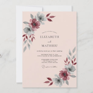 Convite Casamento com Folhas de Borgonha Rosa Malva Suave