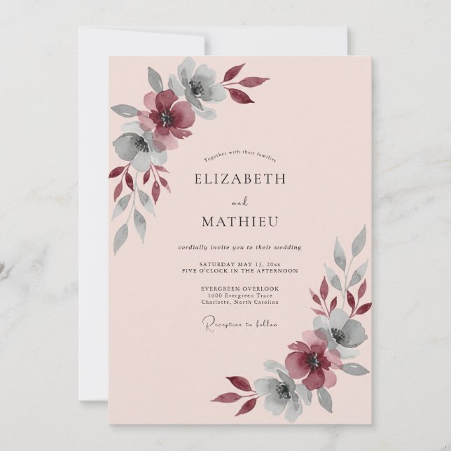 Convite Casamento com Folhas de Borgonha Rosa Malva Suave (Frente)