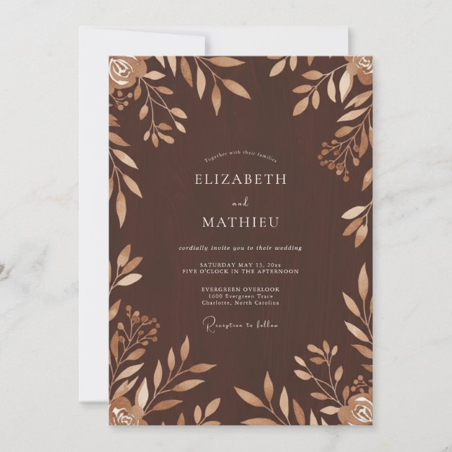 Convite Casamento com Folhas de Bronze em Chocolate (Frente)