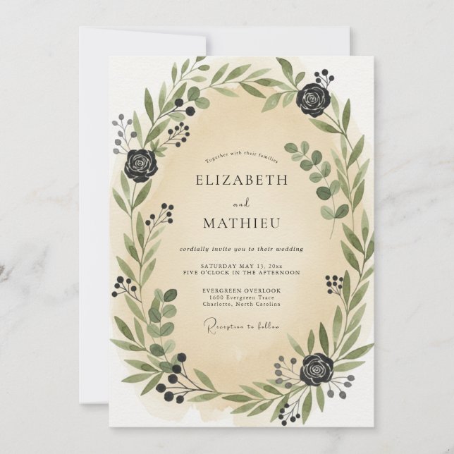 Convite Casamento com Folhas de Carvão Champanhe (Frente)