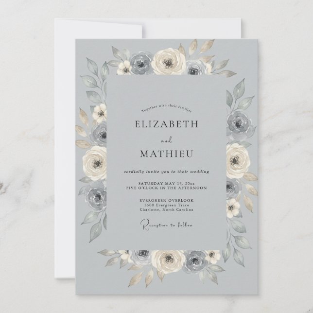 Convite Casamento com Folhas de Champagne Prateado (Frente)