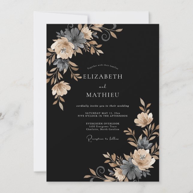Convite Casamento com Folhas de Champanhe Preto (Frente)