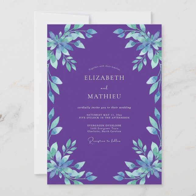 Convite Casamento com Folhas de Ciano Ametista (Frente)
