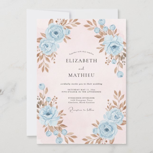Convite Casamento com Folhas de Cobre Azul Pó (Frente)