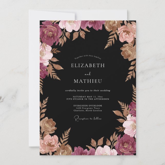 Convite Casamento com Folhas de Cobre Borgonha (Frente)