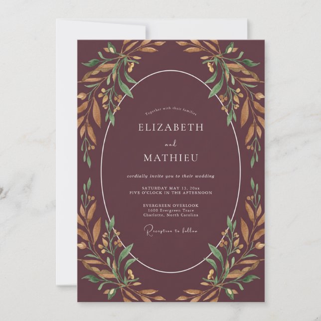 Convite Casamento com Folhas de Cobre e Ameixa (Frente)