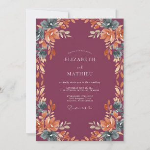 Convite Casamento com Folhas de Cobre Roxo Intenso