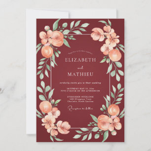 Convite Casamento com Folhas de Coral Borgonha